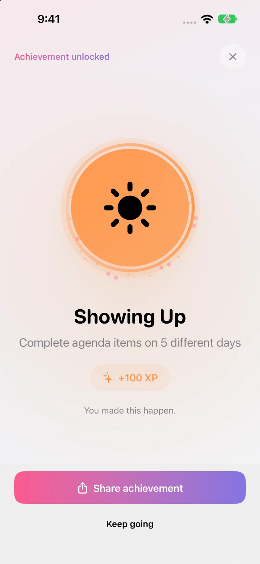 An achievement celebration in Armonai with close and share buttons