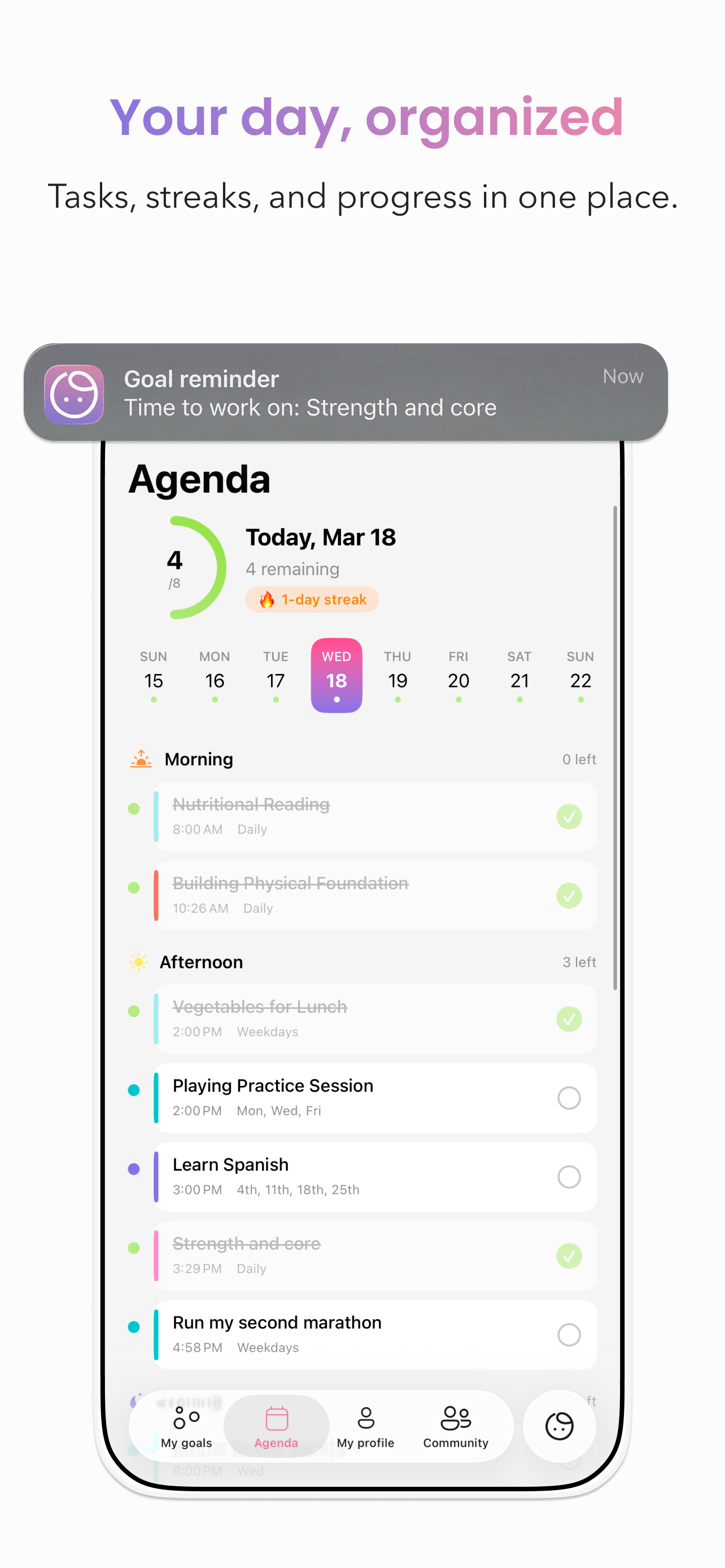 Daily agenda with progress, date strip, and streak