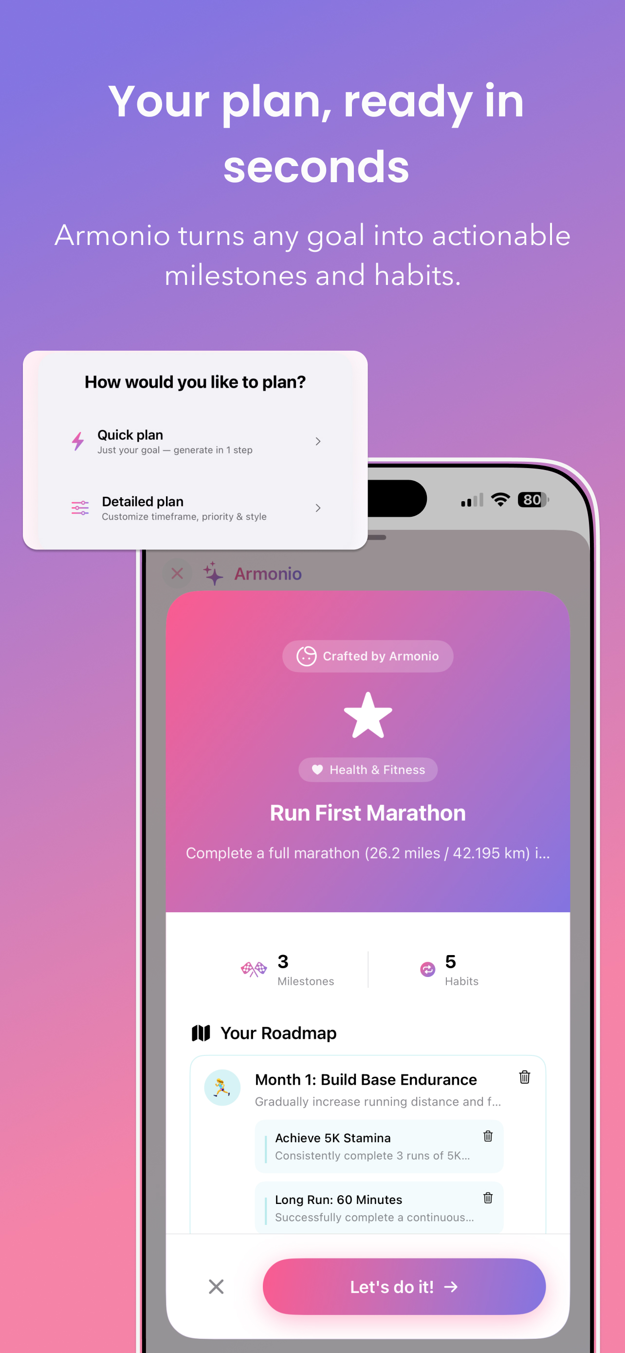 Armonio AI plan with milestones and daily habits