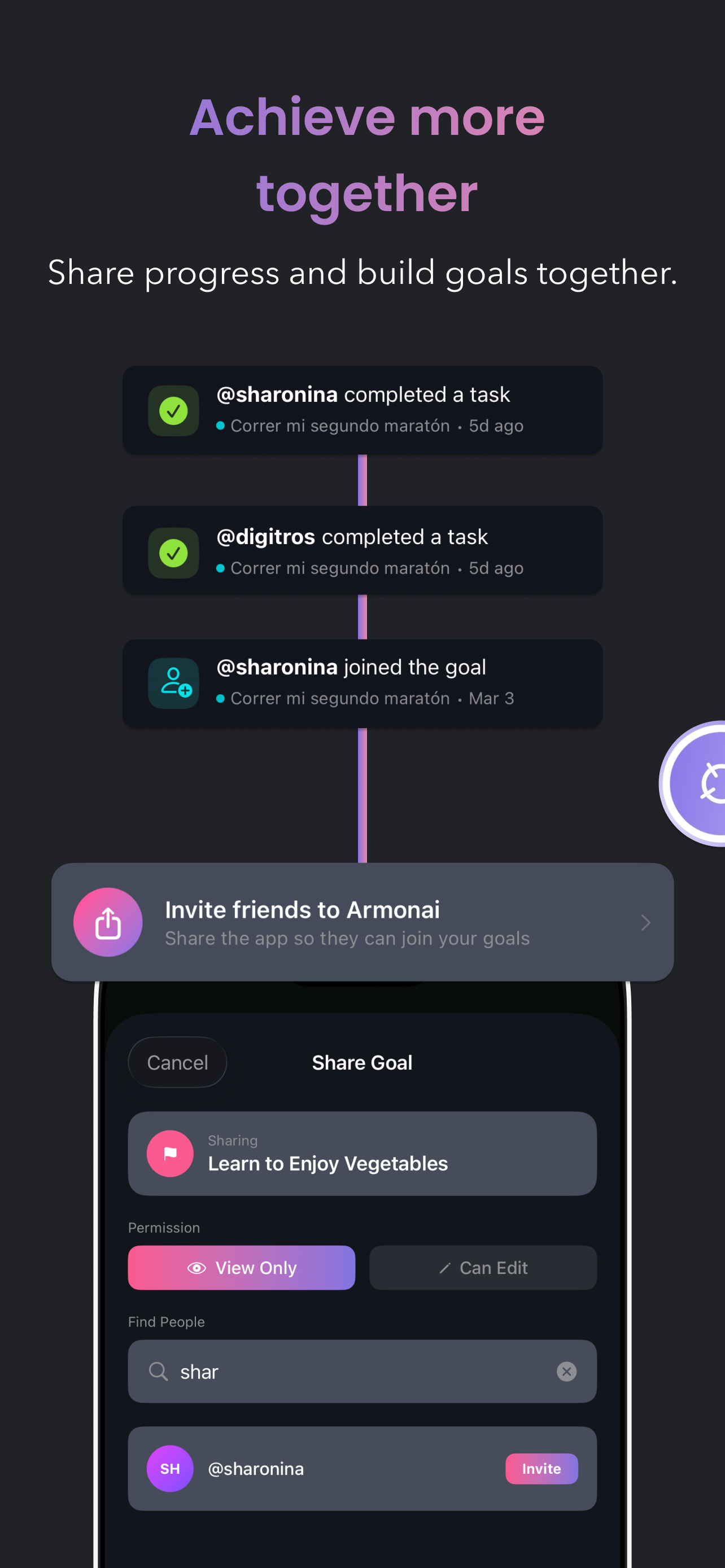 Share a goal and invite collaborators in Armonai