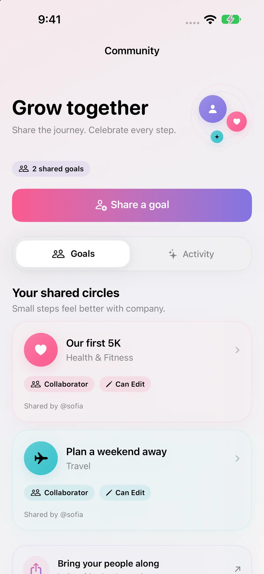 Armonai Community showing shared goals and invitations