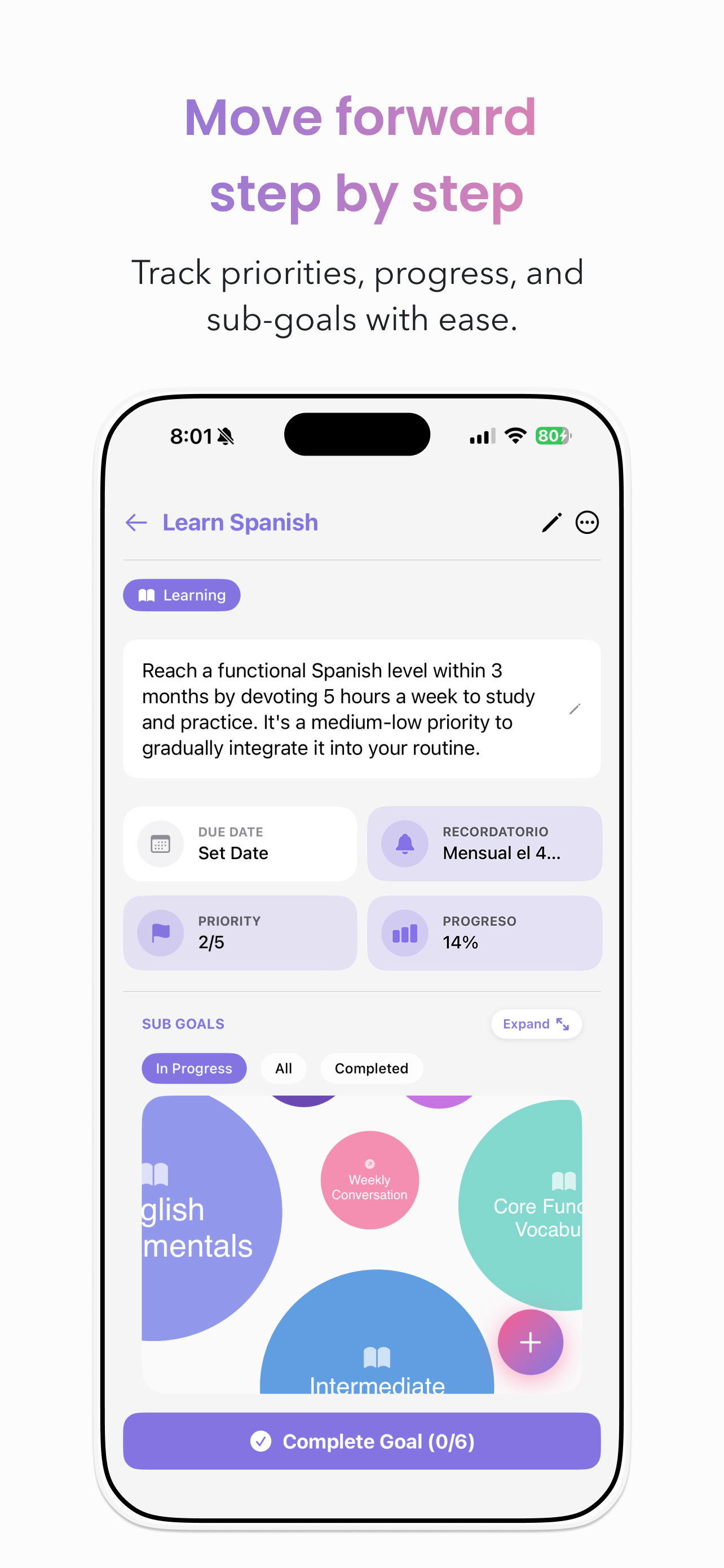 Goal detail with sub-goals shown as bubbles