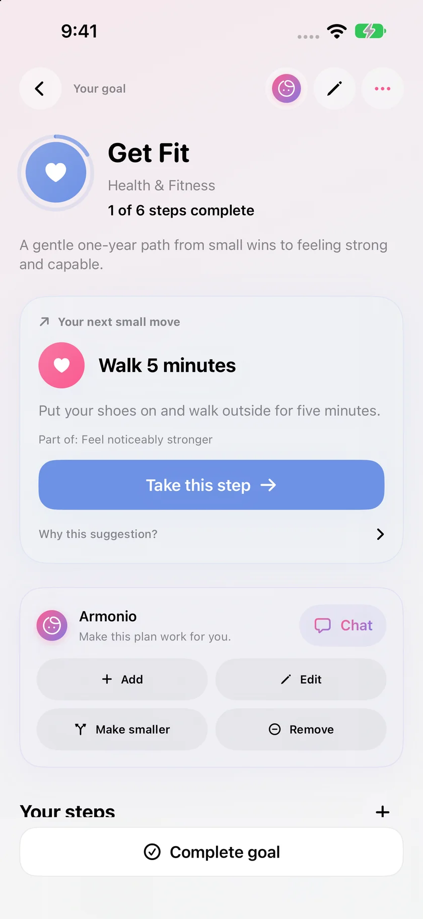 Armonai goal detail with a next action, progress, and Armonio shortcuts