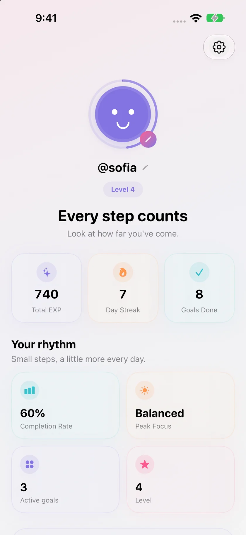Armonai Profile showing an avatar, level, streak, and progress