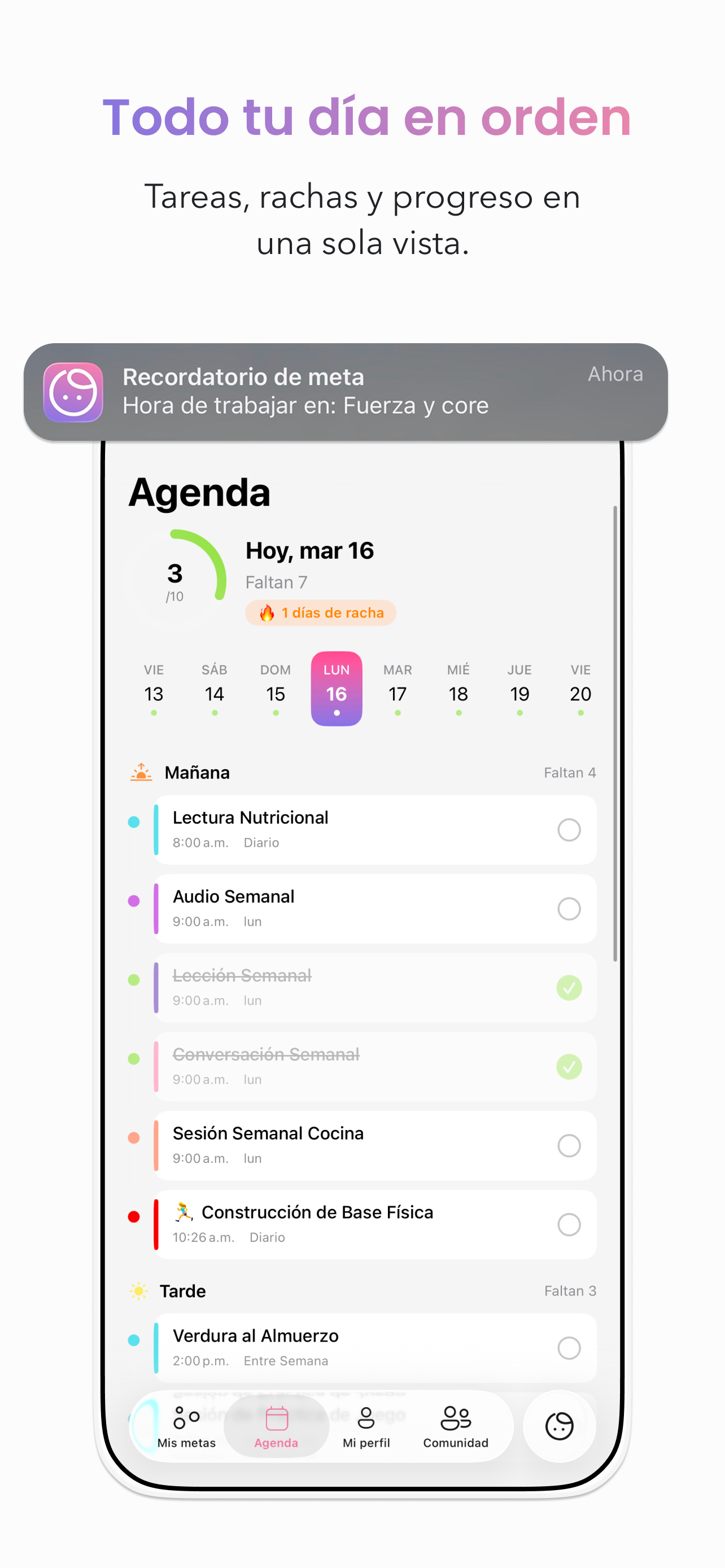Agenda diaria con progreso, fechas y racha