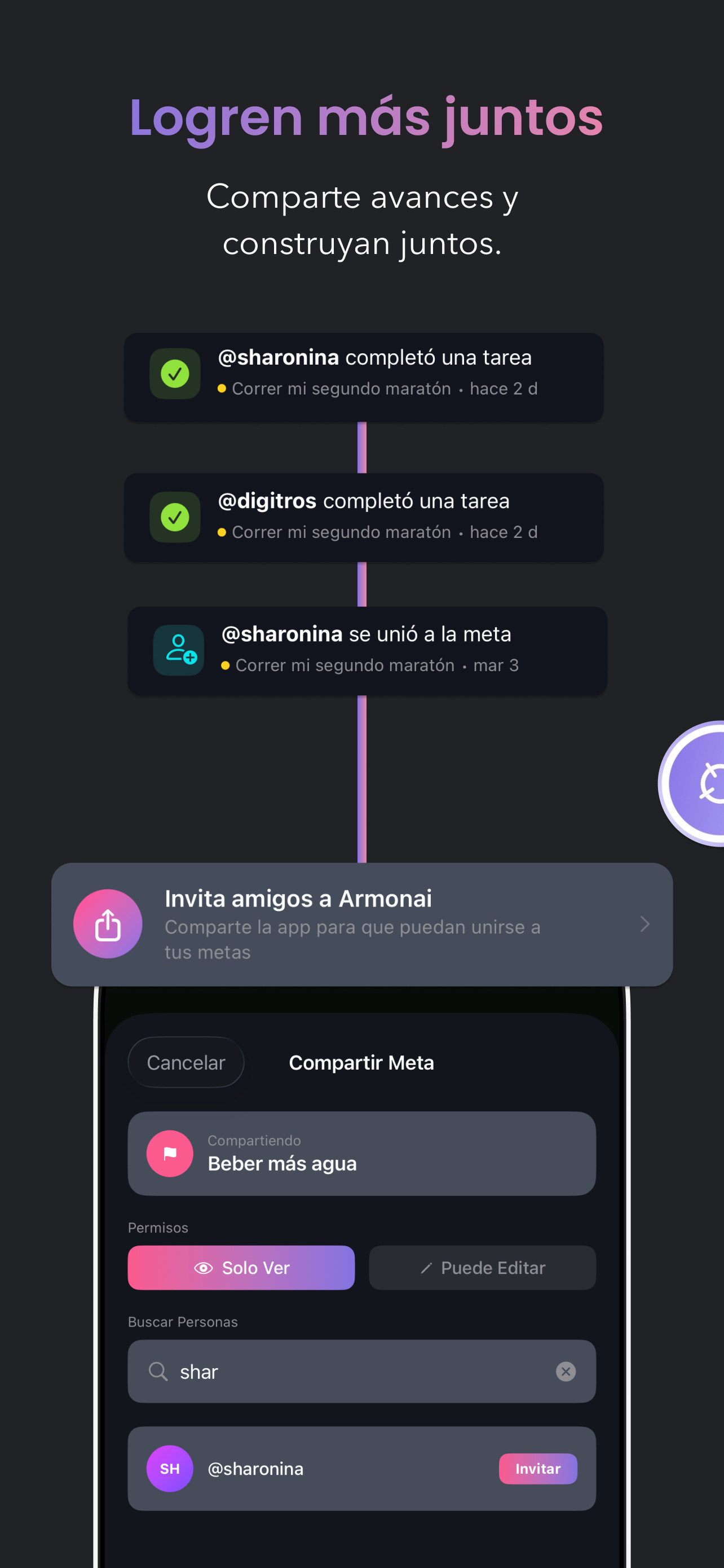 Compartir una meta e invitar colaboradores en Armonai