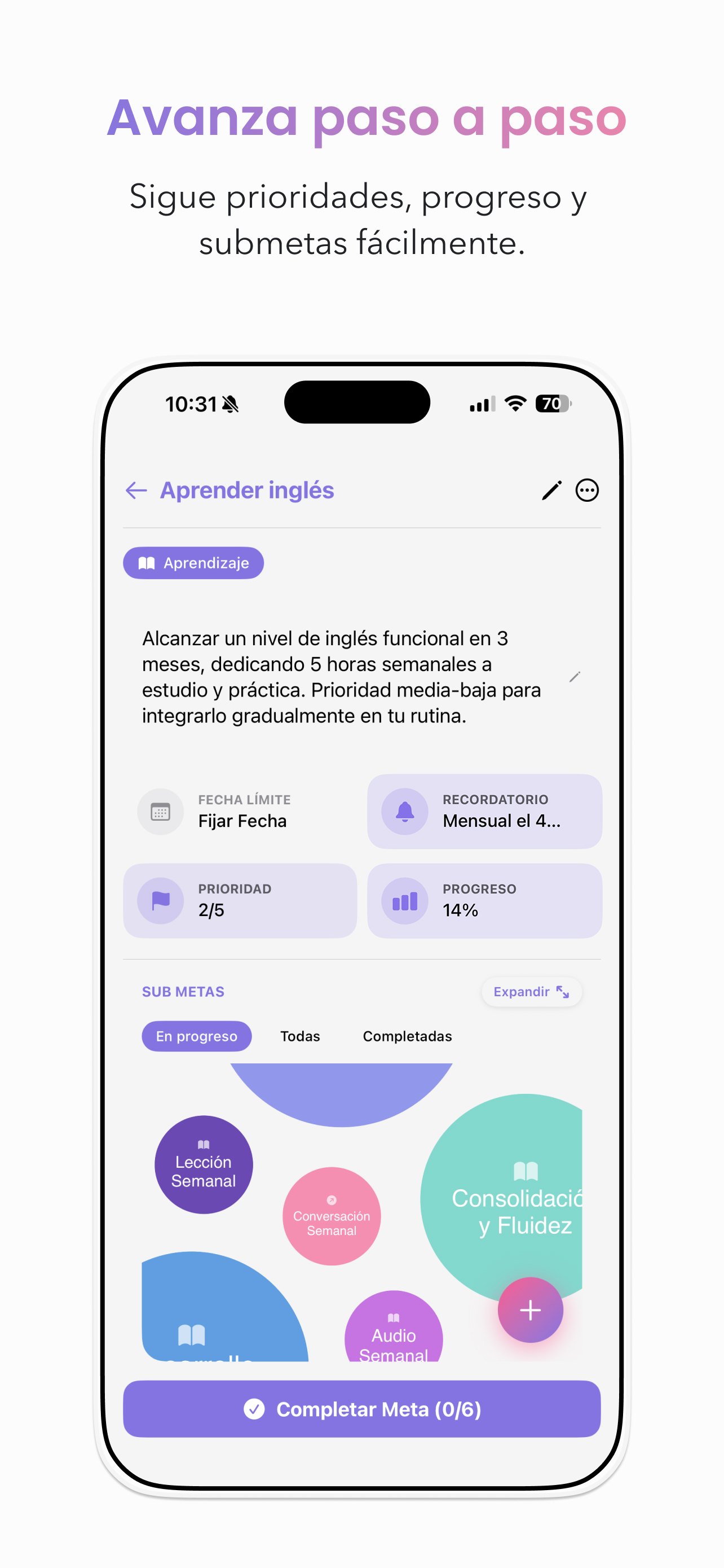 Detalle de meta con sub-metas en burbujas