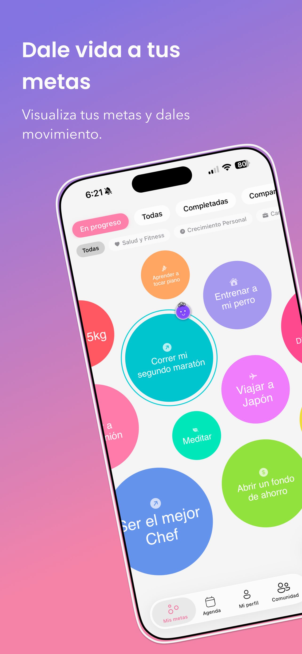 App Armonai mostrando el lienzo de burbujas de metas
